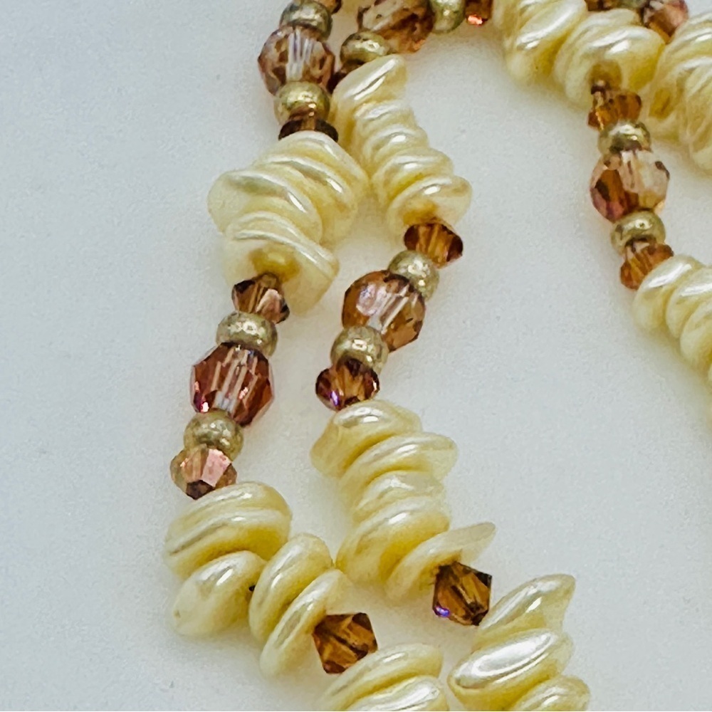 Vintage Stone Pendant Necklace Embroidery Bead Edge Leather Back 25” Long 70s - Picture 8 of 10